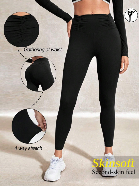 Leisure Solid Color Pleated Sports Leggings