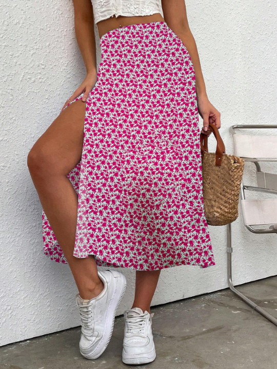 Frenchy Floral High Slit Asymmetrical Skirt