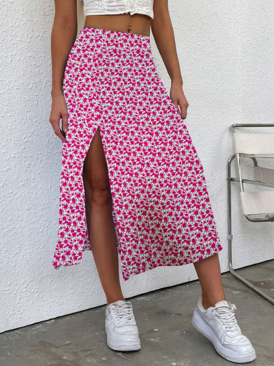 Frenchy Floral High Slit Asymmetrical Skirt