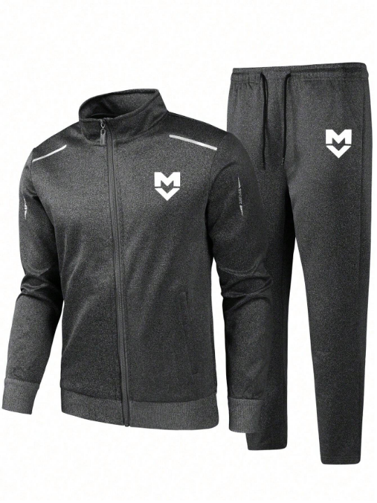 Men's Autumn Winter New Style Letter Print Stand Collar Sweatshirt And Sports Pants Set, Athletic Suit, Tracksuit