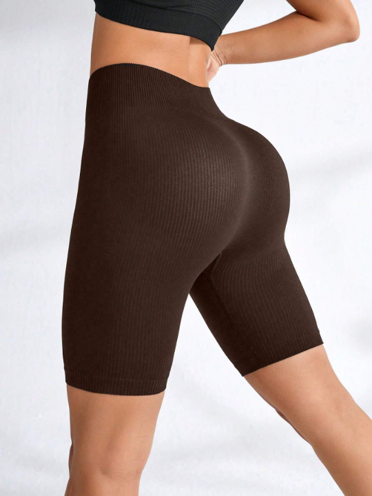 Yoga Basic Rib-Knit Seamless Sports Biker Shorts Brown Shorts