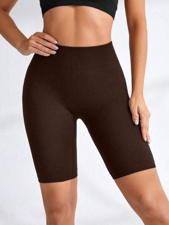 Yoga Basic Rib-Knit Seamless Sports Biker Shorts Brown Shorts