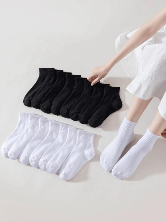 16 Pairs/Set Simple Black & White Damen Mid-Calf Socks, Breathable Anti-Odor & Skin-Friendly