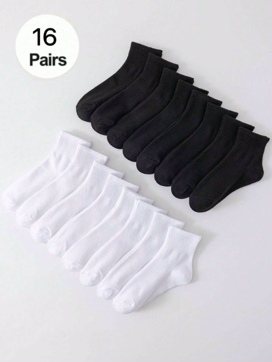 16 Pairs/Set Simple Black & White Damen Mid-Calf Socks, Breathable Anti-Odor & Skin-Friendly