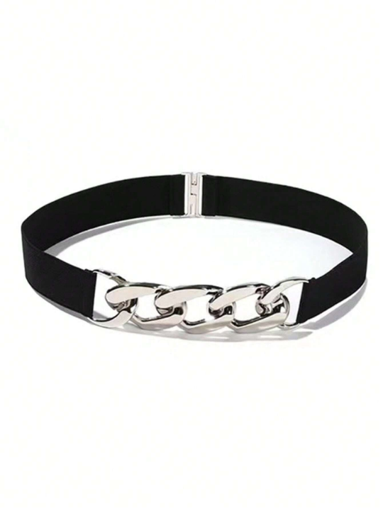 1pc Simple Women's Metal Chain Buckle Elastic Waist Belt For Dress/Pants, Suitable For Daily Wear