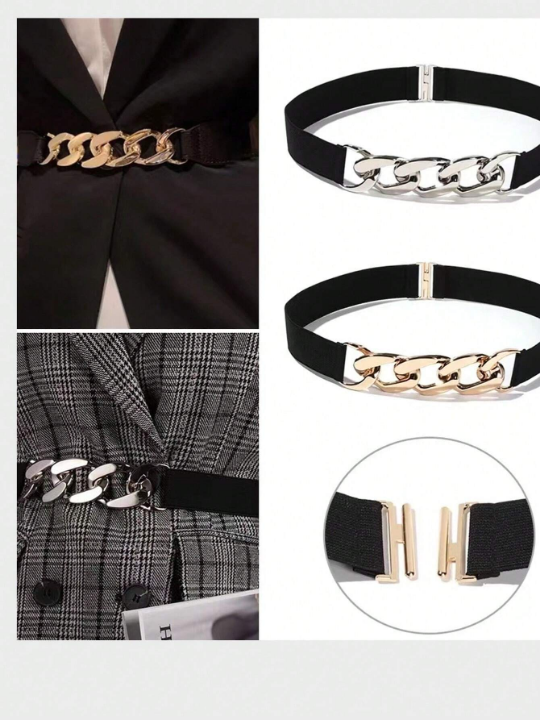 1pc Simple Women's Metal Chain Buckle Elastic Waist Belt For Dress/Pants, Suitable For Daily Wear