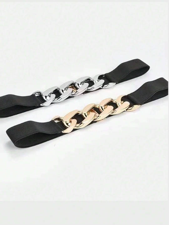 1pc Simple Women's Metal Chain Buckle Elastic Waist Belt For Dress/Pants, Suitable For Daily Wear