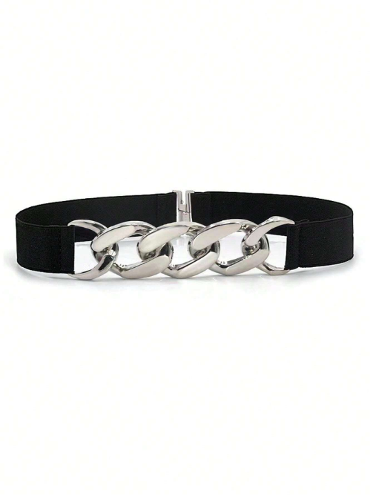 1pc Simple Women's Metal Chain Buckle Elastic Waist Belt For Dress/Pants, Suitable For Daily Wear