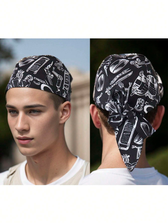 2Pcs Men Women Chefs Hat Cap Kitchen Catering Skull Cap Ribbon Cap Turban