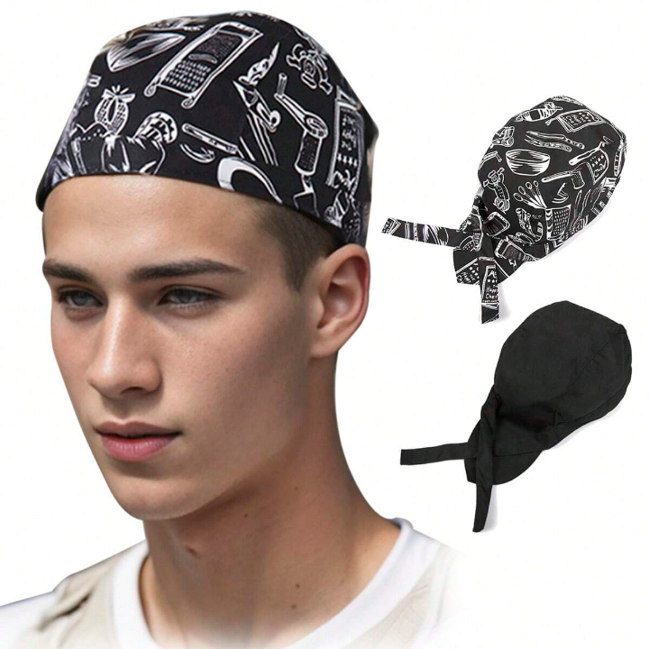 2Pcs Men Women Chefs Hat Cap Kitchen Catering Skull Cap Ribbon Cap Turban