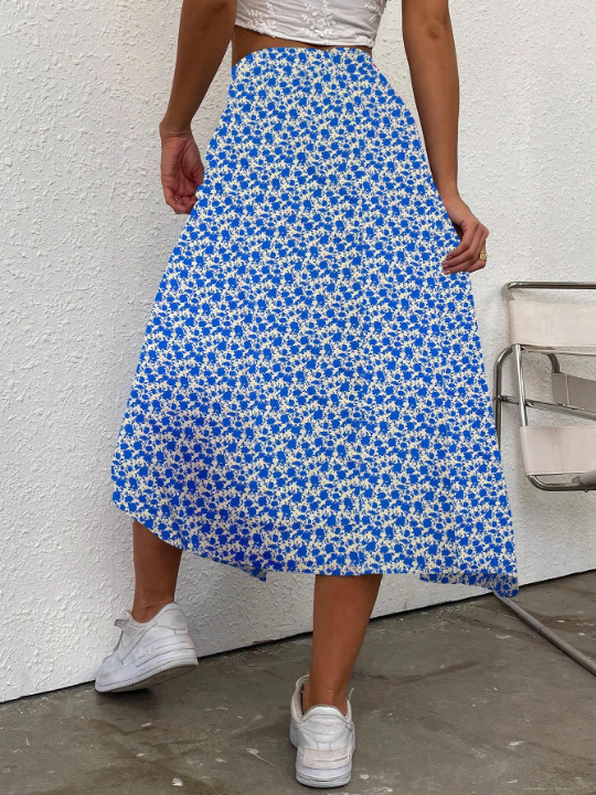 VCAY Floral Printed High Split Midi Skirt