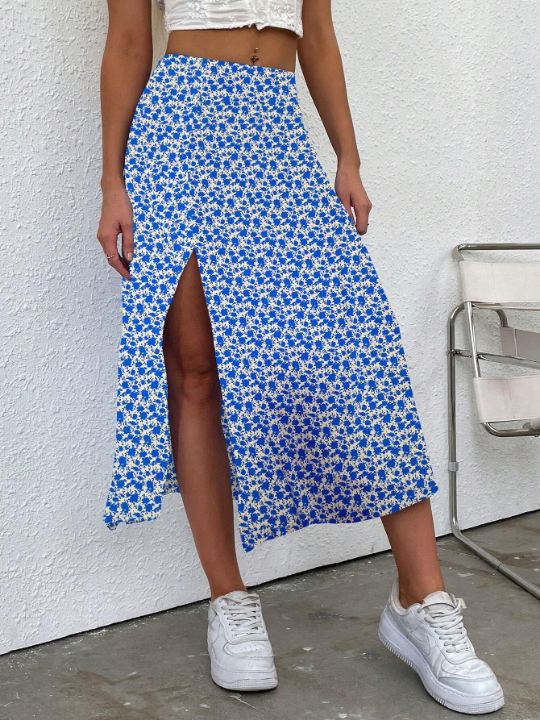 VCAY Floral Printed High Split Midi Skirt