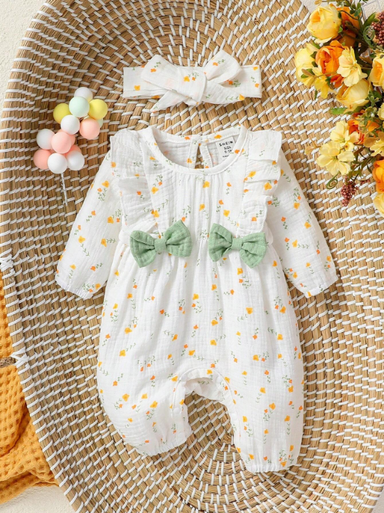 Baby Girl Floral Print Ruffle Trim Decorated Jumpsuit With Bow Decoration