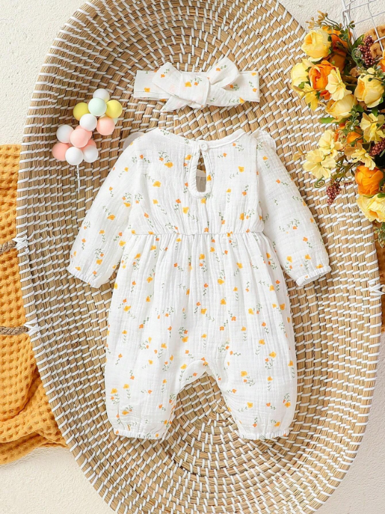 Baby Girl Floral Print Ruffle Trim Decorated Jumpsuit With Bow Decoration