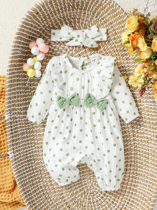 Newborn Baby Girl Polka Dot Long Sleeve Jumpsuit With Bow Decoration