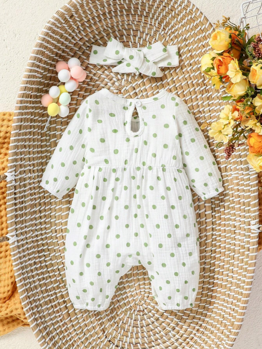 Newborn Baby Girl Polka Dot Long Sleeve Jumpsuit With Bow Decoration