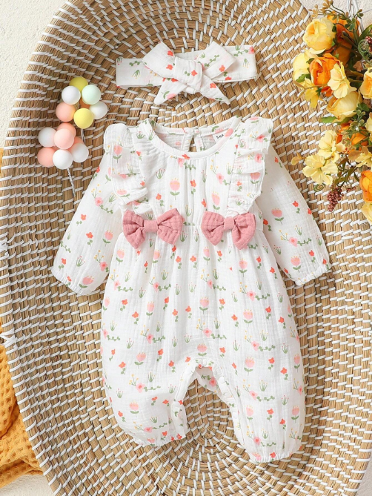 Newborn Baby Girl Floral Print Ruffle Trim Bow Detail Jumpsuit With Headband