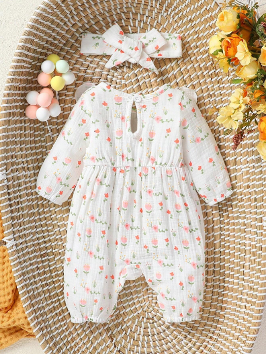 Newborn Baby Girl Floral Print Ruffle Trim Bow Detail Jumpsuit With Headband