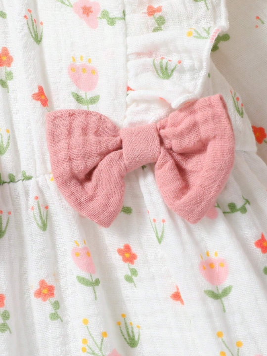 Newborn Baby Girl Floral Print Ruffle Trim Bow Detail Jumpsuit With Headband