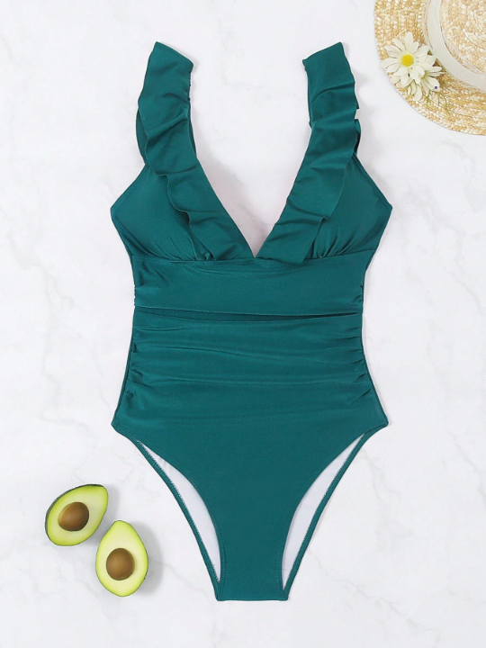 Solid Color Ruffled One-Piece Swimsuit