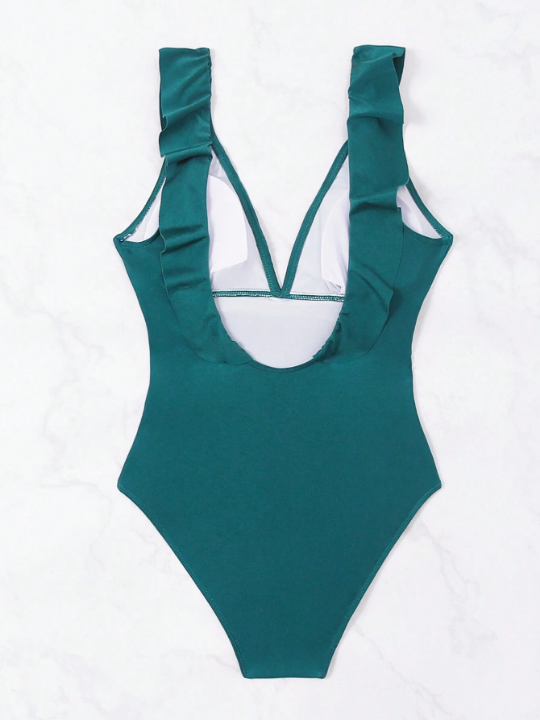 Solid Color Ruffled One-Piece Swimsuit