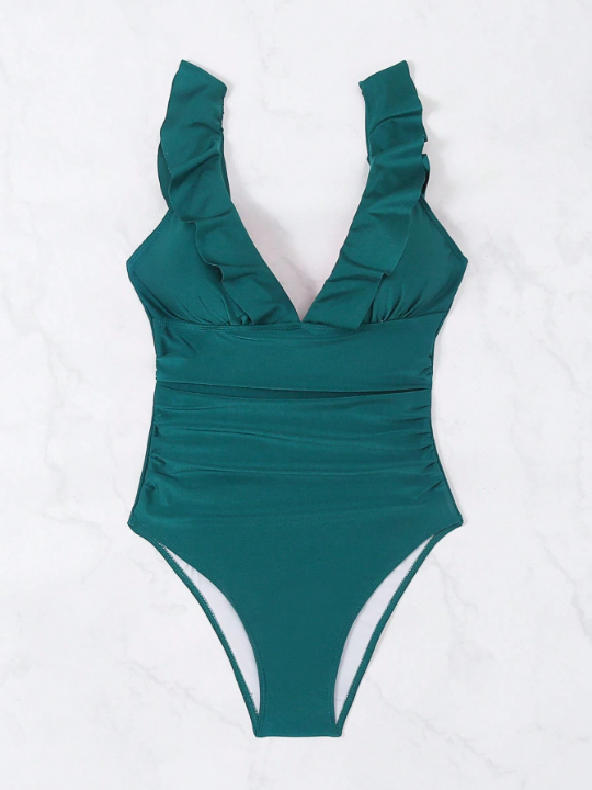 Solid Color Ruffled One-Piece Swimsuit