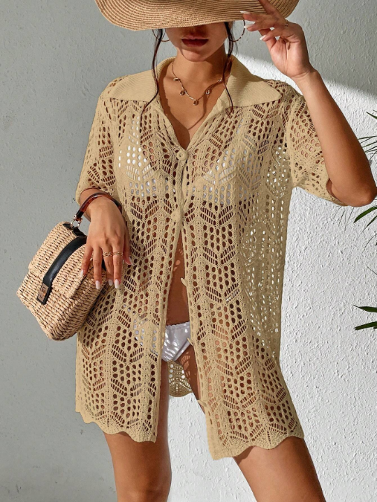 Swim Vcay Solid Color Knitted Button Down Short Sleeve Cover Up With Hollow Out Detail