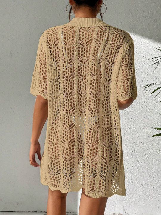 Swim Vcay Solid Color Knitted Button Down Short Sleeve Cover Up With Hollow Out Detail