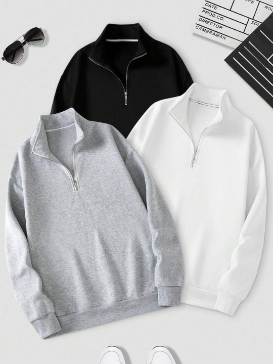 Men's Solid-Colored Stand Collar Front Zipper Sweatshirt