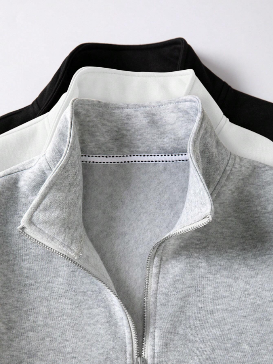 Men's Solid-Colored Stand Collar Front Zipper Sweatshirt
