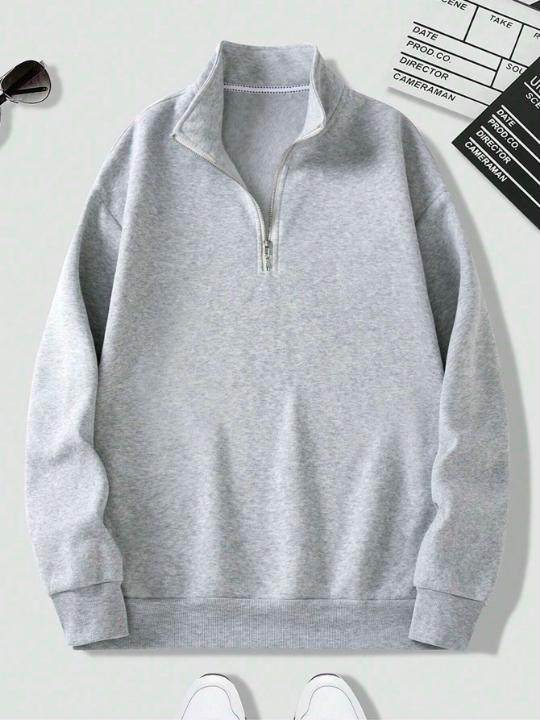 Men's Solid-Colored Stand Collar Front Zipper Sweatshirt
