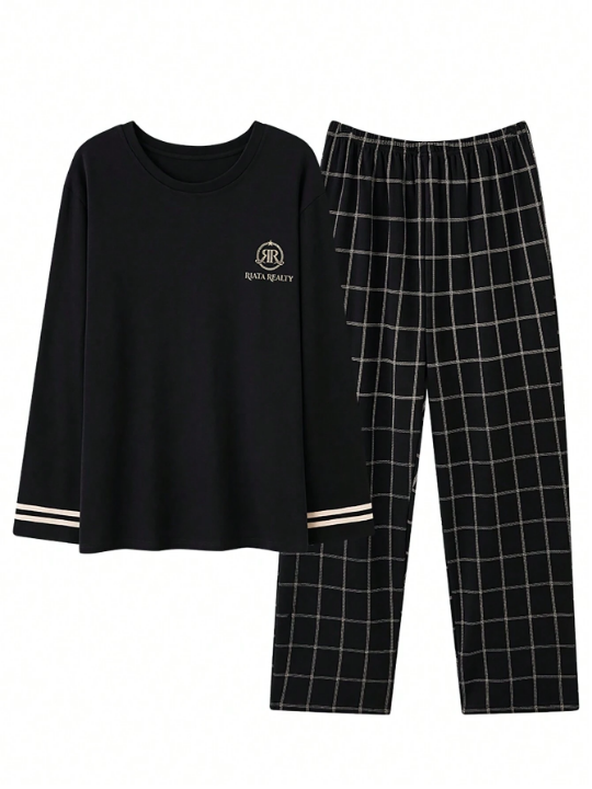2pcs/Set Men's Spring/Autumn Breathable Letter Printed Long Sleeve Plaid Sweatpants Homewear