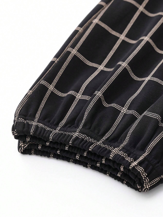 2pcs/Set Men's Spring/Autumn Breathable Letter Printed Long Sleeve Plaid Sweatpants Homewear