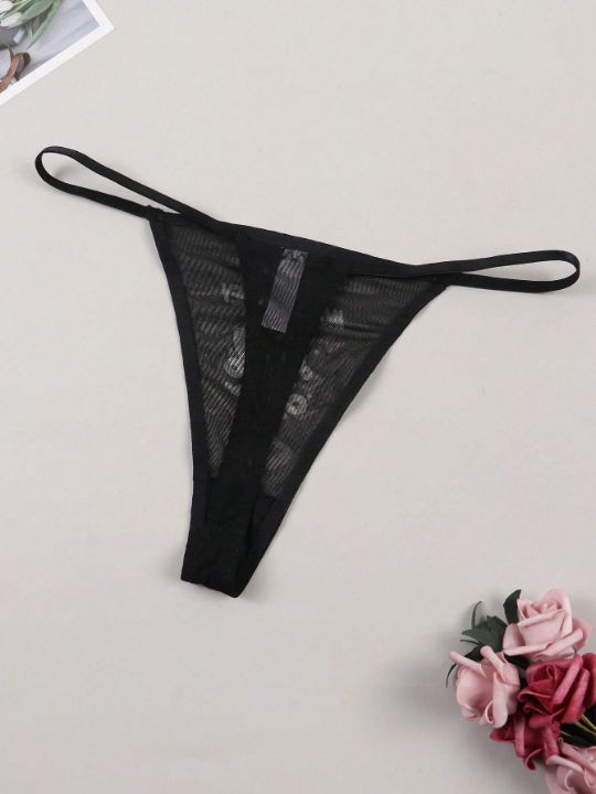 Women's Sexy Mesh Breathable Thong Panties Printed With Hearts And Letters