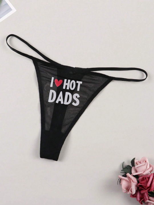 Women's Sexy Mesh Breathable Thong Panties Printed With Hearts And Letters