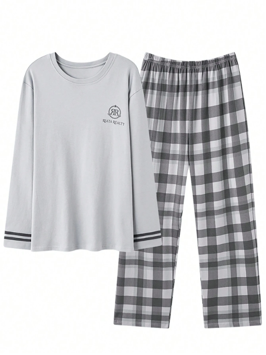 2pcs Men's Spring/Fall 2024 Printed Long Sleeve Top And Plaid Breathable Sweatpants Homewear Set
