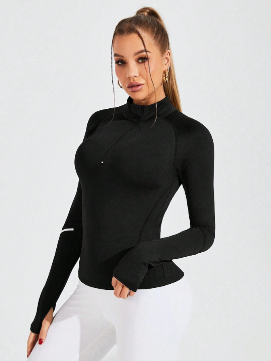 Daily&Casual Solid Color Stand Collar Thumb Hole Slim Fit Sports Sweatshirt