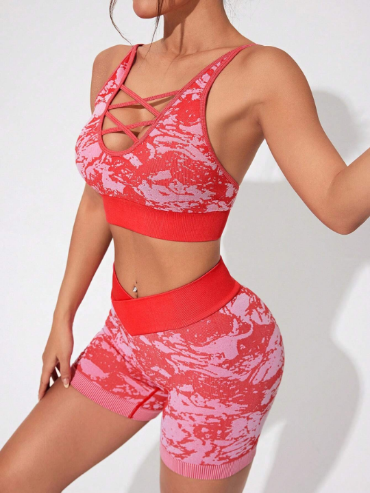 Women's Tie-Dye Crisscross Back Vest And Shorts Sportswear Set