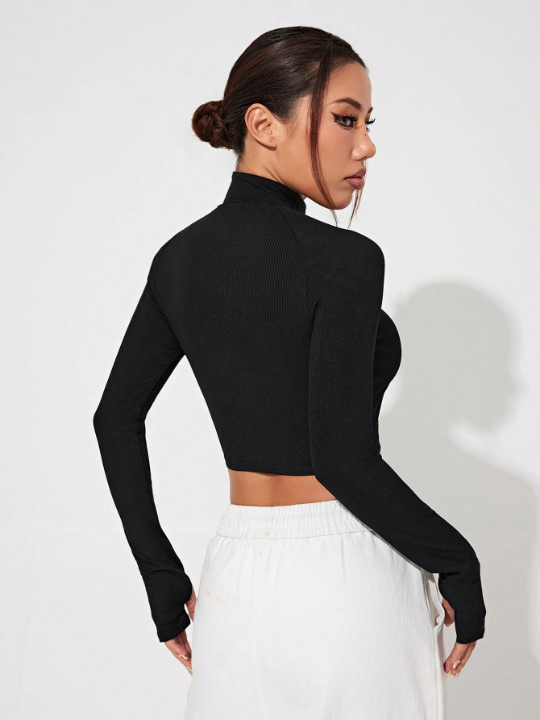 Yoga Basic Solid Color Zipper Front Thumb Hole Cropped Athletic Jacket