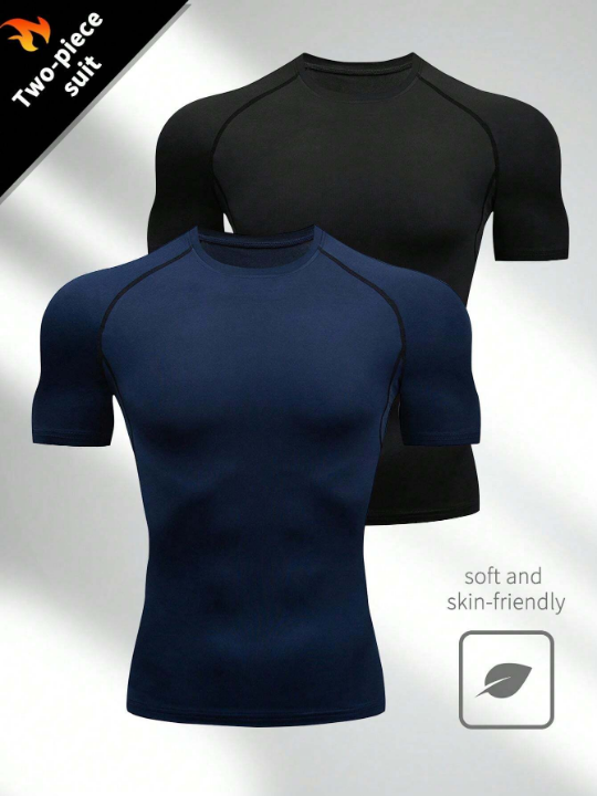 2pcs/Set Men's High Stretchy Tight-Fitting Solid Quick-Drying Short Sleeve Sports Training T-Shirts, Running Clothes