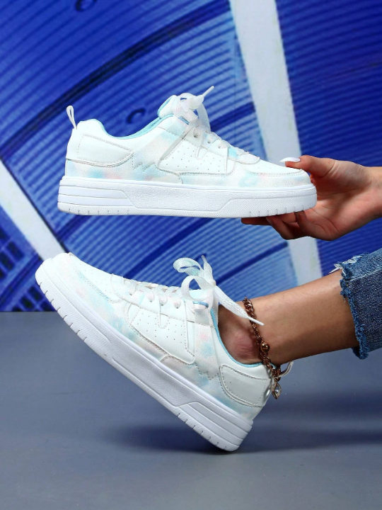 Women's White Low-Cut Sports Skateboarding Shoes With Colorful Moon Material Patchwork For Casual Streetwear And Walking