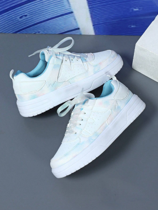 Women's White Low-Cut Sports Skateboarding Shoes With Colorful Moon Material Patchwork For Casual Streetwear And Walking