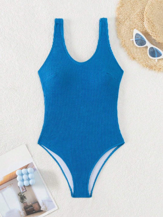 Swim Basics Solid Color Ribbed Stripe Sleeveless One-Piece Swimsuit For Summer, Beach, Swimming