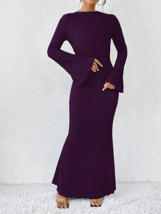 Priv Solid Color Round Neck Flare Sleeve Mermaid Hem Dress