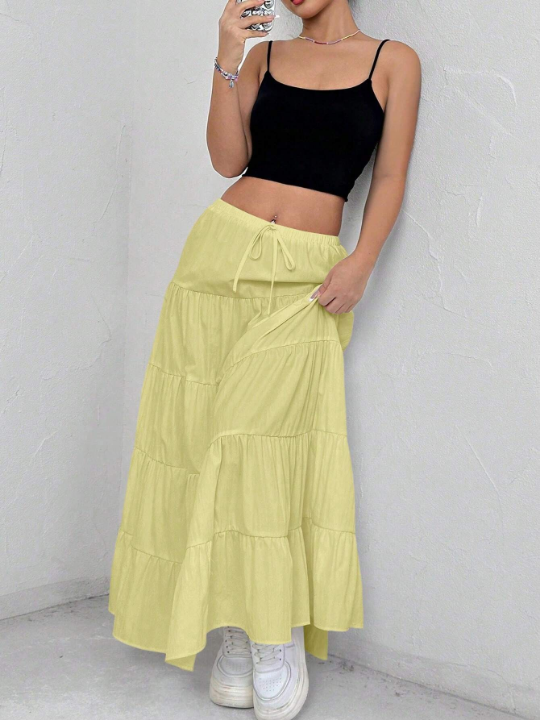 Women's High Waist Tie-Front Ruffles Hem Skirt