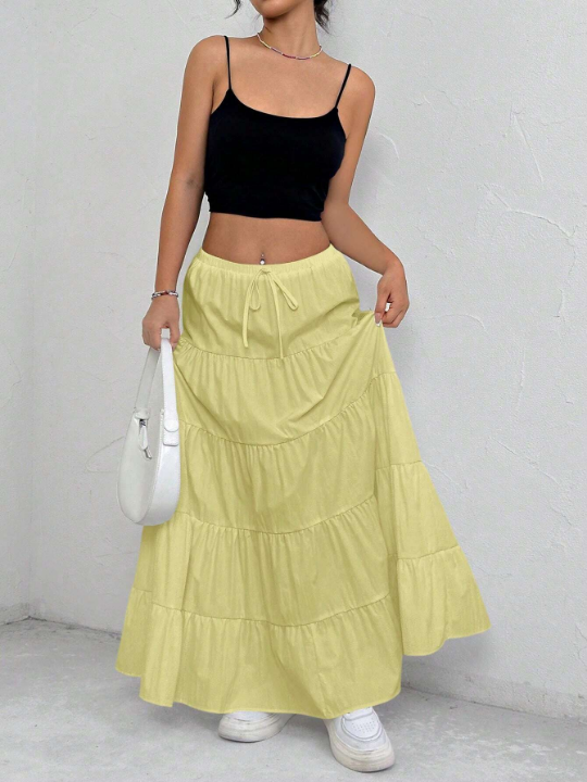 Women's High Waist Tie-Front Ruffles Hem Skirt