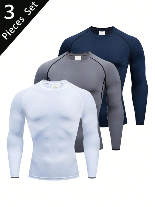 3pcs Men's Outdoor High Stretch Moisture-Wicking Quick-Drying Workout Compression Long Sleeve Basic Sports T-Shirt Basic T Shirt