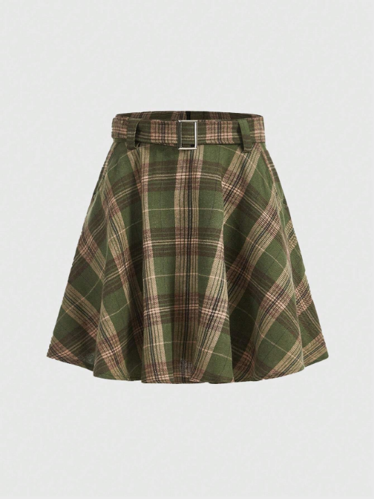 ROMWE Fairycore Plaid Print Belted Skirt