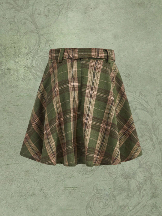 ROMWE Fairycore Plaid Print Belted Skirt