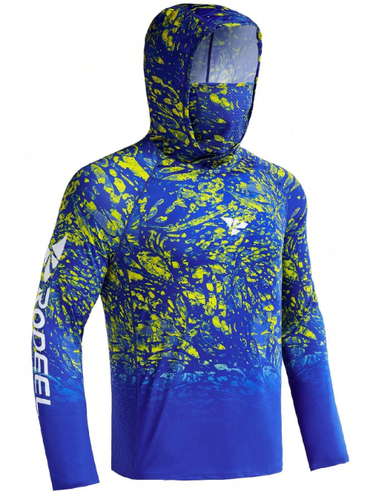 RODEEL Men's Hoodie Sun Protection Shirt Gradient Print Sweatshirt Hooded Sports T-Shirt With Face Mask Gym Clothes Men